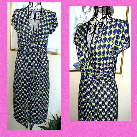 BODEN GREEN, PURPLE KNIT DRESS~V-NECK W/RUCHED WAIST~FLUTTER SLEEVES~SIZE US 4 - Picture 2 of 4